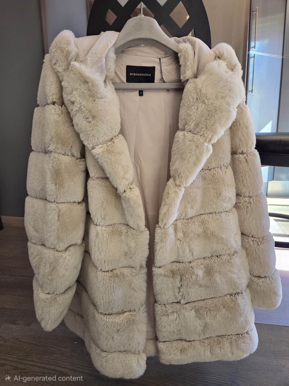 BCBGMaxAzria Plush Faux Fur Hooded Puffer Coat in Cream